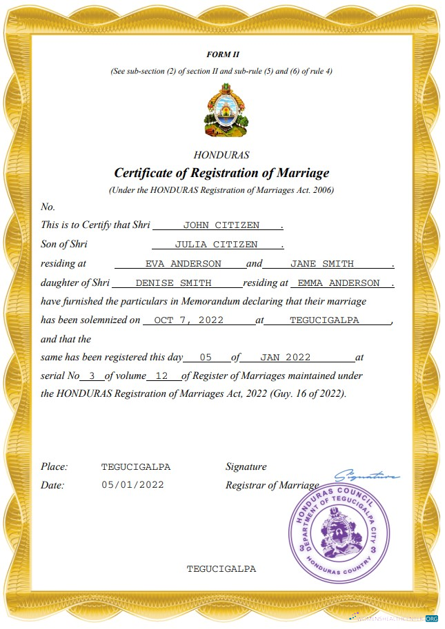 Download Honduras marriage certificate Word and PDF template Photoshop template